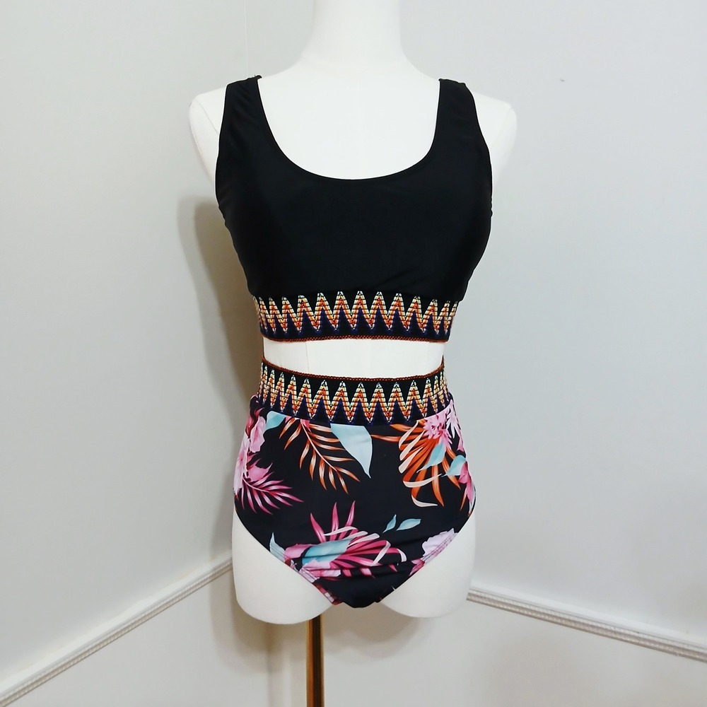 Dokotoo Womens High Waisted Bikini Set Floral Black Embroidered Small NWT